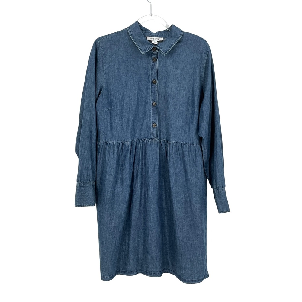 Nine West Blue Denim Shirt Dress L Butter Mom Teacher Long Sleeve Normcore